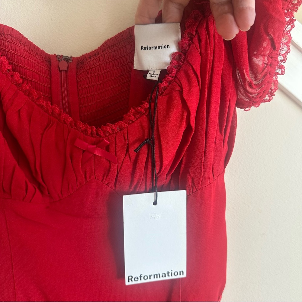 Reformation Ondine Short Sleeve Mini Dress Lipstick Bright Red Size 6 NWT - Picture 12 of 16